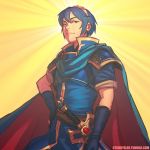  1boy blue_eyes blue_hair caleb_thomas cape falchion_(fire_emblem) fire_emblem fire_emblem:_mystery_of_the_emblem gloves looking_at_viewer male_focus marth short_hair smile solo sword tiara weapon 