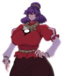  1girl breasts curvy disgust erect_nipples frown hand_on_hip highres hips huge_breasts juliet_sleeves long_sleeves mirror plump puffy_sleeves purple_hair red_eyes rope shimenawa short_hair solo space_jin touhou wide_hips yasaka_kanako 