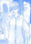  1boy 1girl blue dress_shirt flying_sweatdrops getsuyoubi_no_tawawa hair_over_eyes himura_kiseki indoors long_hair lying monochrome one_eye_closed open_cuffs open_door rubbing_eyes shirt sleepy sleeves_past_wrists slippers smile spoken_blush sunlight waving 