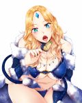  1girl aqua_eyes bare_shoulders blonde_hair breasts cleavage crystal defense_of_the_ancients dota_2 fennek highres hips jewelry large_breasts long_hair necklace open_mouth rylai_crestfall simple_background solo thighs white_background 
