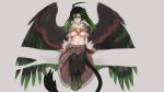 1girl ahoge black_hair breasts capelet claws commentary english_commentary feathered_wings full_body fur_collar fusion glasses gradient_hair green_eyes green_hair grey_background griffon_(monster_girl_encyclopedia) hair_between_eyes highres huge_ahoge large_breasts large_wings long_hair looking_at_viewer monster_girl monster_girl_encyclopedia multicolored_hair navel original paintrfiend paws raised_eyebrow rectangular_eyewear simple_background sitting smile solo spread_wings stomach tail tharkis twintails under_boob waist_cape wings