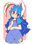  1girl alternate_hairstyle animal_ears blue_dress blue_hair blush breasts collarbone dress hand_on_own_chest head_tilt ini_(inunabe00) long_hair puffy_short_sleeves puffy_sleeves rabbit_ears red_eyes seiran_(touhou) short_sleeves small_breasts solo touhou very_long_hair wavy_hair 
