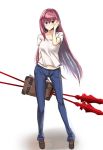  blush breasts collarbone denim fate/grand_order fate_(series) hand_in_hair hand_on_head i.f.s.f jeans long_hair pants purple_hair red_eyes scathach_(fate/grand_order) shirt shoes white_background 