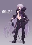  1girl alternate_costume black_pants brown_eyes c: character_name closed_mouth copyright_name fate/grand_order fate_(series) fur_coat gradient gradient_background grey_background highres jeanne_alter long_hair navel nian pants ruler_(fate/apocrypha) silver_hair smile smirk solo standing very_long_hair 