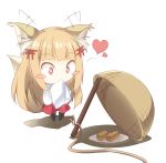  +_+ 1girl animal_ears bangs blonde_hair blunt_bangs blush_stickers chibi commentary da-mii drop_trap ear_wiggle food fox_ears fox_tail heart long_hair oshiro_project plate rope senko_(oshiro_project) simple_background solo stick tail tofu torii_hair_ornament white_background 