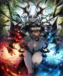  1girl armor artist_request black_sclera breastplate demon_girl demon_horns fire flame_and_glass gauntlets grey_skin heterochromia horns ice long_hair long_tail official_art pointy_ears revealing_clothes scar serious shadowverse shoulder_armor shoulder_spikes spikes sword tail veins weapon white_hair 