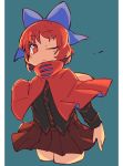  1girl black_blouse blouse bow cape hair_bow ini_(inunabe00) long_sleeves miniskirt one_eye_closed pleated_skirt red_cape red_eyes red_skirt redhead sekibanki skirt solo touhou 