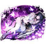  1girl black_hair blue_eyes breasts cleavage detached_sleeves divine_gate full_body halterneck hooded jewelry long_hair looking_at_viewer lying medium_breasts midriff mole mole_under_eye nail_polish on_side parted_lips purple_nails ring solo tail thigh-highs transparent_background ucmm very_long_hair white_legwear 