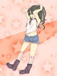  1girl blue_eyes brown_hair denim jeans long_hair pants pokemon pokemon_(game) pokemon_bw pokemon_special ponytail shirt short_shorts shorts touko_(pokemon) white_shirt 