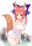  1girl :o animal_ears arm_at_side bangs bare_shoulders bathing blue_ribbon bow breast_hold breasts collarbone cowboy_shot eyebrows_visible_through_hair fate/extra fate_(series) fox_ears fox_girl fox_tail hair_between_eyes hair_bow hair_ribbon long_hair looking_at_viewer medium_breasts naked_towel onsen open_mouth partially_submerged pink_hair purple_bow ribbon solo steam tail tamamo_(fate)_(all) tamamo_no_mae_(fate) tangamja towel water white_towel yellow_eyes 