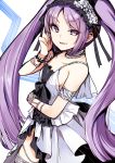  1girl armlet bare_shoulders commentary_request dress euryale eyebrows_visible_through_hair fate/hollow_ataraxia fate_(series) hairband headdress highres ichifuji_nitaka_(phase_nine) jewelry lolita_hairband long_hair looking_at_viewer open_mouth purple_hair smile solo thighlet twintails two-tone_background very_long_hair violet_eyes white_dress 