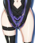  1girl asymmetrical_legwear black_leotard crotch elbow_gloves fate/grand_order fate_(series) fingers_together gloves gluteal_fold hyouju_issei leotard navel shadow shielder_(fate/grand_order) shiny shiny_skin simple_background skindentation solo thigh-highs thigh_strap white_background 
