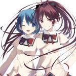  2girls ;d absurdres black_bow blue_eyes blue_hair bow bowtie brown_hair floating_hair grin hair_bow hand_on_hip high_ponytail highres long_hair looking_at_viewer mahou_shoujo_madoka_magica miki_sayaka misteor multiple_girls one_eye_closed open_mouth red_bow red_bowtie red_eyes sakura_kyouko school_uniform short_hair simple_background smile upper_body very_long_hair white_background 