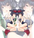  2girls ass asymmetrical_hair bare_shoulders baretto black_hair bottle brown_eyes framed_breasts hair_between_eyes hat headphones i-13_(kantai_collection) i-14_(kantai_collection) kantai_collection looking_at_viewer multiple_girls open_mouth open_toe_shoes red_shoes sailor_collar school_swimsuit shoes short_hair sisters sitting swimsuit twins wine_bottle yokozuwari zoom_layer 