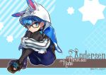  1boy animal_hood blue_eyes blue_hair bow bowtie bunny_hood caster_(fate/extra_ccc) character_name fate/extra fate/extra_ccc fate/grand_order fate_(series) glasses kiritachi solo twitter_username 