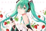  aqua_eyes aqua_hair bare_shoulders blush character_name detached_sleeves diten flower food from_side fruit hatsune_miku long_hair microphone necktie one_eye_closed smile strawberry tattoo twintails upper_body vocaloid white_background wide_sleeves 