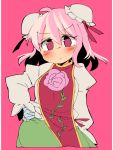  bandaged_arm blouse blush breasts contrapposto double_bun green_skirt hand_on_hip ibaraki_kasen ini_(inunabe00) juliet_sleeves long_sleeves medium_breasts pink_background pink_eyes pink_hair puffy_sleeves skirt solo tabard touhou white_blouse 