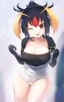  1girl :p bare_legs black_hair blush breasts cleavage clenched_hands collarbone cropped_legs headphones hood hoodie kemono_friends large_breasts long_sleeves looking_at_viewer multicolored_hair one_eye_closed panties pantyshot pantyshot_(standing) red_eyes rockhopper_penguin_(kemono_friends) short_twintails solo sparkle standing tank_top tongue tongue_out twilightrain twintails two-tone_hair underwear unzipped white_panties 