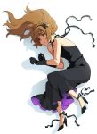  1girl ankle_ribbon black_dress black_gloves brown_eyes brown_hair catgirl0926 dress flower gloves hair_flower hair_ornament hairband halterneck high_heels hyakujuu-ou_golion long_hair lying older on_side open-back_dress pidge_gunderson ribbon solo voltron:_legendary_defender 