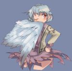  1girl blush contrapposto covering_mouth dress feathered_wings hand_on_hip hips ini_(inunabe00) jacket kishin_sagume one_eye_closed open_clothes open_jacket purple_dress red_eyes short_dress short_hair silver_hair single_wing thighs touhou white_wings wide_hips wings 