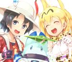  2girls animal_ears backpack bag black_gloves black_hair blonde_hair bow bowtie bucket_hat commentary_request cross-laced_clothes elbow_gloves fur_collar gloves hair_between_eyes hat hat_feather high-waist_skirt japari_symbol kaban kemono_friends kentairui lucky_beast_(kemono_friends) multiple_girls open_mouth red_shirt serval_(kemono_friends) serval_ears serval_print serval_tail shirt short_hair shorts skirt sleeveless sleeveless_shirt smile striped_tail tail wavy_hair 