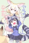  2girls animal_ears bow bowtie breasts brown_eyes fang fennec_(kemono_friends) fox_ears fox_tail fur_collar gloves half-closed_eyes kemono_friends kuze_(ira) looking_at_viewer multiple_girls open_mouth outstretched_arms pantyhose pleated_skirt puffy_short_sleeves puffy_sleeves raccoon_(kemono_friends) raccoon_ears raccoon_tail shirt short_hair short_sleeves skirt smile spread_arms tail text thigh-highs wavy_mouth 