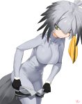  1girl bird bird_tail bird_wings black_hair bodysuit breasts cowboy_shot dressing eyebrows_visible_through_hair feathered_wings gradient_hair green_eyes head_wings impossible_clothes kemono_friends large_breasts leaning_forward long_hair looking_down low_ponytail multicolored_hair orange_hair shoebill_(kemono_friends) side_ponytail silver_hair simple_background twintails wings yang-do 