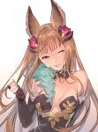  1girl animal_ears bare_shoulders blonde_hair breasts elbow_gloves erun_(granblue_fantasy) gloves granblue_fantasy hair_ornament looking_at_viewer medium_breasts metella_(granblue_fantasy) natsuhiko one_eye_closed smile 