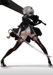  1girl ass bangs black_dress black_gloves black_hairband black_legwear blindfold breasts brown_legwear cleavage cleavage_cutout closed_mouth feather-trimmed_sleeves from_behind gloves hairband high_heel_boots high_heels leotard long_sleeves medium_breasts mole mole_under_mouth nier_(series) nier_automata shiny shiny_clothes short_hair side_slit silver_hair skirt solo thigh-highs thigh_boots thighs tohogaeru vambraces white_gloves white_hair yorha_no._2_type_b 