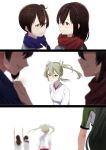  4girls akagi_(kantai_collection) black_hair blue_scarf blush bow_(weapon) brown_eyes brown_hair closed_mouth commentary green_hair hair_between_eyes hair_ribbon japanese_clothes kaga_(kantai_collection) kantai_collection katsuragi_(kantai_collection) kimono long_hair multiple_girls red_scarf ribbon scarf short_sleeves side_ponytail smile straight_hair tachikoma_(mousou_teikoku) twintails weapon white_background white_ribbon zuikaku_(kantai_collection) 