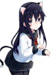  1girl akatsuki_(kantai_collection) anchor_symbol animal_ears black_hair black_legwear blush cat_ears cat_tail fake_animal_ears highres kantai_collection long_hair neckerchief pantyhose paw_pose school_uniform serafuku shikuro_(iorimiyakiyo) simple_background solo tail violet_eyes white_background 