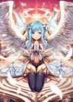  1girl akkijin angel angel_wings bangs bare_shoulders blue_eyes blue_hair blush breasts copyright_name dress elbow_gloves eyebrows_visible_through_hair feathered_wings feathers gloves groin hair_ornament halo long_hair looking_at_viewer multiple_wings navel official_art shinkai_no_valkyrie smile solo thigh-highs watermark white_wings wings 