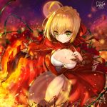  1girl absurdres aestus_estus ahoge artist_name blonde_hair blush breasts cleavage closed_mouth dress epaulettes eyebrows_visible_through_hair fate/extra fate_(series) fire flower full_moon green_eyes hair_intakes highres holding holding_weapon leotard looking_at_viewer moon night petals plant red_dress rose saber_extra see-through shiny shiny_hair shiny_skin sky smile solo star_(sky) starry_sky sword thorns ttaji_(pass35) vines weapon 