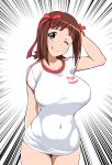  1girl ;p absurdres amami_haruka aqua_eyes arms_behind_head breasts brown_hair collarbone covered_navel cowboy_shot groin hair_ornament hair_ribbon highres idolmaster jabara_tornado large_breasts looking_at_viewer no_bra no_panties one_eye_closed ribbon shirt smile solo t-shirt tongue tongue_out 