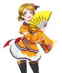  1girl :d black_legwear brown_hair detached_sleeves fan hair_ornament holding holding_fan koizumi_hanayo looking_at_viewer love_live! love_live!_school_idol_project open_mouth ribbon short_hair skirt smile solo standing thigh-highs transparent_background violet_eyes white_skirt yellow_ribbon 