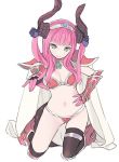  1girl armor asymmetrical_legwear bangs bikini bikini_armor blade_(galaxist) blunt_bangs boots breasts brown_legwear cape closed_mouth curled_horns dragon_tail elbow_gloves elizabeth_bathory_(brave)_(fate) eyebrows eyebrows_visible_through_hair fate/extra fate/extra_ccc fate/grand_order fate_(series) fingerless_gloves full_body gauntlets gem gloves green_eyes hair_ribbon hand_on_hip hand_up horns jewelry knee_pads kneeling lancer_(fate/extra_ccc) long_hair looking_at_viewer midriff navel necklace pauldrons pink_boots pink_gloves pink_hair pointing pointing_at_viewer purple_ribbon red_bikini ribbon sidelocks simple_background skindentation small_breasts smile solo stomach string_bikini swimsuit tail thigh-highs thigh_strap tiara two_side_up white_background white_cape 