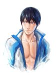  1boy artist_name bare_chest black_hair blue_eyes collarbone free! jacket kamille_areopagita looking_to_the_side male_focus nanase_haruka_(free!) open_clothes open_jacket signature smile solo toned toned_male upper_body white_background 