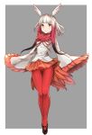 1girl bangs bird_tail blunt_bangs crested_ibis_(kemono_friends) empty_eyes full_body head_wings kemono_friends long_sleeves looking_at_viewer luse_maonang multicolored_hair pantyhose pleated_skirt red_legwear redhead shirt simple_background skirt sleeves_past_wrists solo tail two-tone_hair white_hair white_shirt wide_sleeves yellow_eyes 