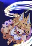  1girl animal_ears bare_shoulders battle blonde_hair bow bowtie breasts claws elbow_gloves fang fighting gloves highres kemono_friends looking_at_viewer night open_mouth serval_(kemono_friends) serval_ears serval_print short_hair slashing solo thigh-highs yellow_eyes 