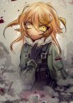  1girl black_gloves blonde_hair gloves hair_between_eyes hand_on_own_chest highres keiseki1 looking_at_viewer military military_uniform short_hair solo tanya_degurechaff uniform yellow_eyes youjo_senki 