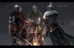  3boys armor ashen_one_(dark_souls_3) bonfire chosen_undead dagger dark_souls dark_souls_ii dark_souls_iii fire full_armor fur_collar gauntlets gloves helmet highres holding holding_sword holding_weapon katana knight mono_(jdaj) multiple_boys quiver souls_(from_software) sword undead_hero_(dark_souls_2) weapon 