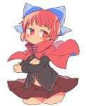  1girl black_blouse blouse blush bow cape crossed_arms hair_bow ini_(inunabe00) long_sleeves midriff miniskirt pleated_skirt red_cape red_eyes red_skirt redhead sekibanki short_hair skirt solo thigh_gap thighs touhou wind wind_lift 