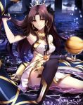  &gt;:) 1girl anklet armlet armpits bare_shoulders black_hair black_ribbon breasts bridal_gauntlets cleavage crown earrings elbow_gloves fate/grand_order fate_(series) gloves hair_intakes hair_ribbon heavenly_boat_maanna highres hoop_earrings ishtar_(fate/grand_order) jewelry long_hair looking_at_viewer medium_breasts navel neck_ring parted_lips partially_submerged pelvic_curtain ribbon shiguru single_elbow_glove single_thighhigh sitting solo thigh-highs tohsaka_rin two_side_up very_long_hair yellow_eyes 