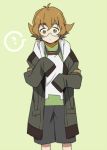  1girl ? brown_eyes brown_hair catgirl0926 glasses hood hood_down hyakujuu-ou_golion looking_down oversized_clothes pidge_gunderson pouty_lips reverse_trap short_hair shorts sleeves_past_wrists solo spoken_question_mark voltron:_legendary_defender 