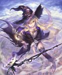  1girl artist_request blonde_hair boots cityscape clouds cloudy_sky dorothy_(shingeki_no_bahamut) dual_wielding hat jewelry long_hair necklace official_art red_eyes shadowverse sky staff thigh-highs witch_hat 