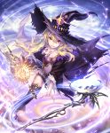  1girl artist_request blonde_hair boots clouds cloudy_sky dagger dorothy_(shingeki_no_bahamut) hat jewelry long_hair magic necklace official_art red_eyes revealing_clothes shadowverse sky smile staff thigh-highs weapon witch_hat 