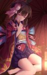  1girl absurdres bakanoe bangs bare_legs barefoot bloomers brown_hair eyebrows_visible_through_hair finger_in_mouth fish_hair_ornament hair_ornament highres japanese_clothes kagura_(onmyoji) kimono kimono_skirt looking_at_viewer onmyoji oriental_umbrella parted_lips red_eyes red_kimono short_hair_with_long_locks sitting solo umbrella underwear yokozuwari 