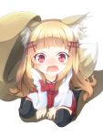  1girl angry animal_ears bangs blonde_hair blunt_bangs blush_stickers commentary_request d:&lt; da-mii drop_trap fox_ears fox_tail highres long_hair looking_at_viewer open_mouth oshiro_project pink_eyes senko_(oshiro_project) simple_background sitting solo tail torii_hair_ornament wariza wavy_mouth white_background 
