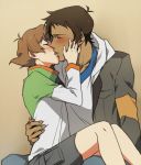  1boy 1girl arm_around_waist blush brown_hair catgirl0926 closed_eyes collarbone hetero hood hyakujuu-ou_golion incipient_kiss jacket lance_(voltron) no_glasses pidge_gunderson reverse_trap short_hair shorts sitting sitting_on_lap sitting_on_person voltron:_legendary_defender 