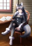  1girl 7nanappe animal_ears black_hair blue_eyes blush breasts fur_collar gloves grey_wolf_(kemono_friends) heterochromia highres kemono_friends large_breasts legs_crossed long_hair long_sleeves looking_at_viewer multicolored_hair necktie sitting skirt solo tail two-tone_hair wolf_ears wolf_tail yellow_eyes 